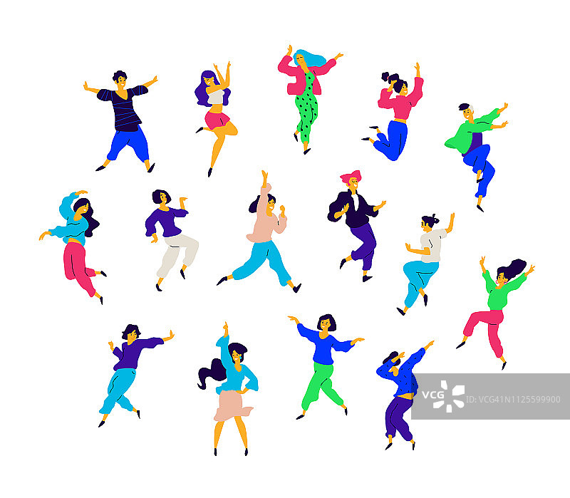 一群跳舞的人摆出不同的姿势和情绪。向量。男人和女人的插图。平的风格。一群快乐的青少年在跳舞，玩得很开心。包装图。舞蹈工作室。图片素材