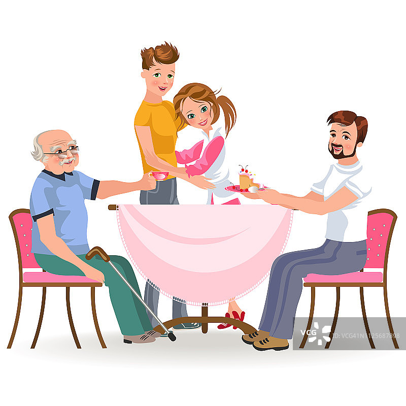 一家人回家吃晚饭，开心的人们一起吃美食，儿子和爸爸请爷爷坐在餐桌旁，老人捧着帽子的t恤，父亲带着孩子，夫妇俩拥抱矢量插图图片素材