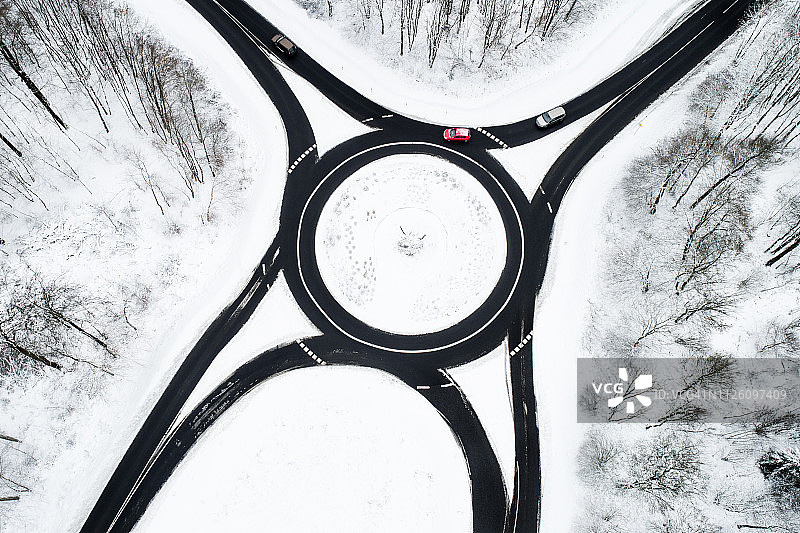 交通环线和道路穿过冬天的森林图片素材