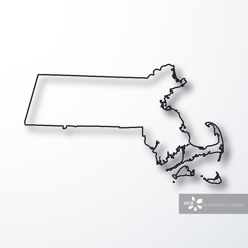 马萨诸塞州地图-黑色轮廓与阴影在白色背景图片素材