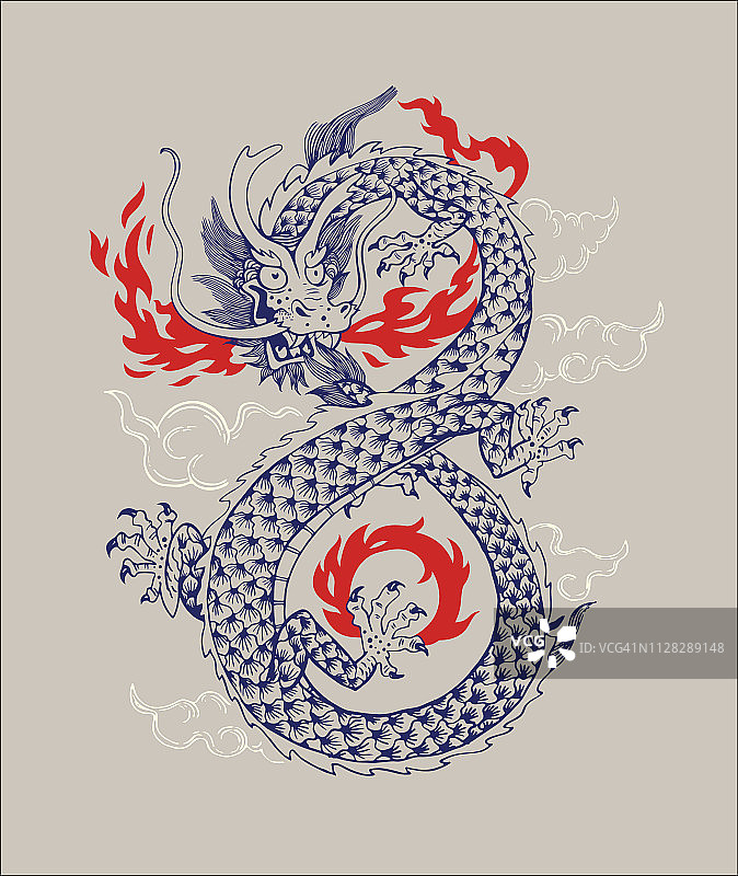 中国传统龙矢量插图。东方龙英菲尼迪形状孤立点缀轮廓剪影。亚洲神话动物图形设计印刷或纹身图片素材