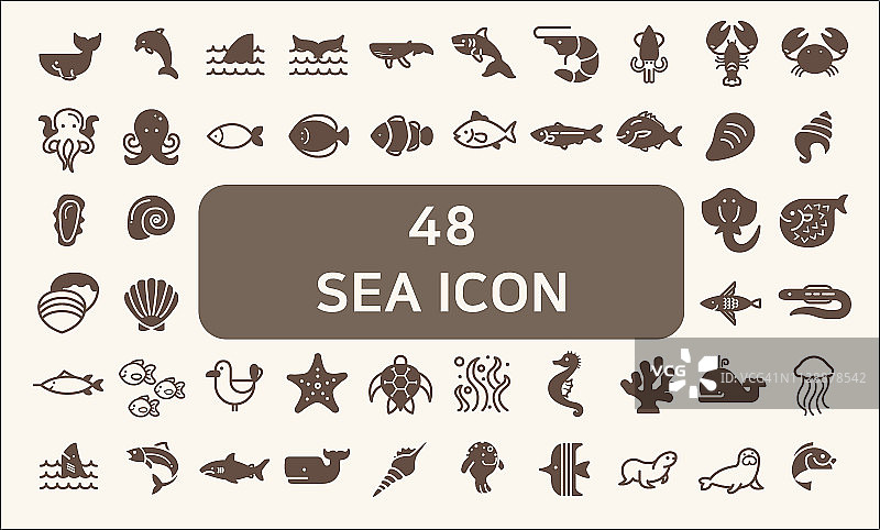 一组48个海洋生物和海洋矢量图标。坚实的风格。图片素材