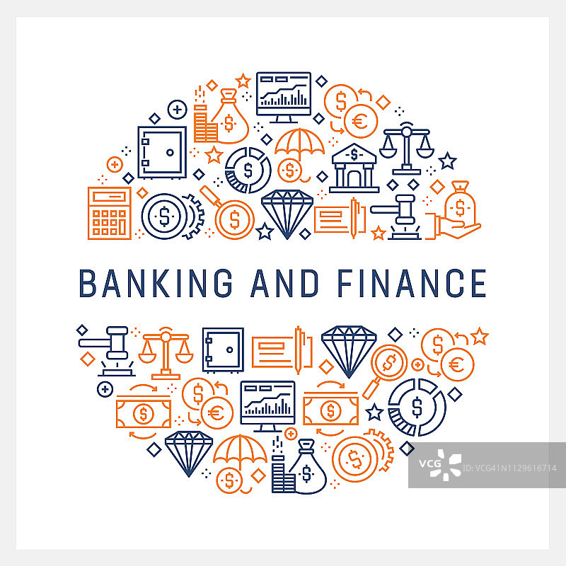 银行和金融概念-彩色线图标，排列在圆圈图片素材
