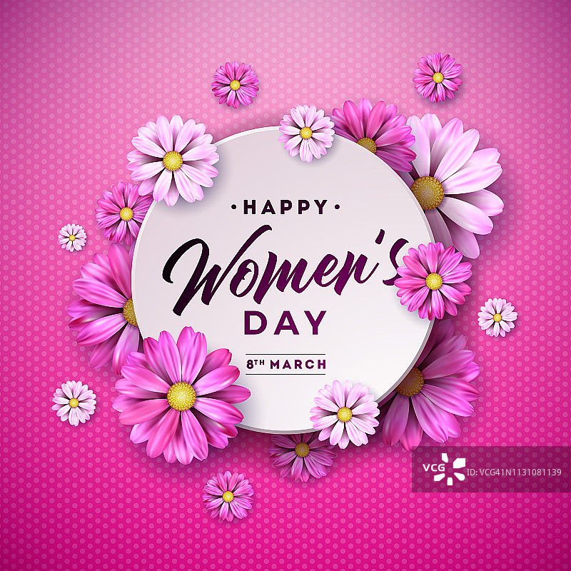 3月8日。妇女节快乐鲜花贺卡。国际节日插图与花卉设计在粉红色的背景。矢量春庆祝模板。图片素材