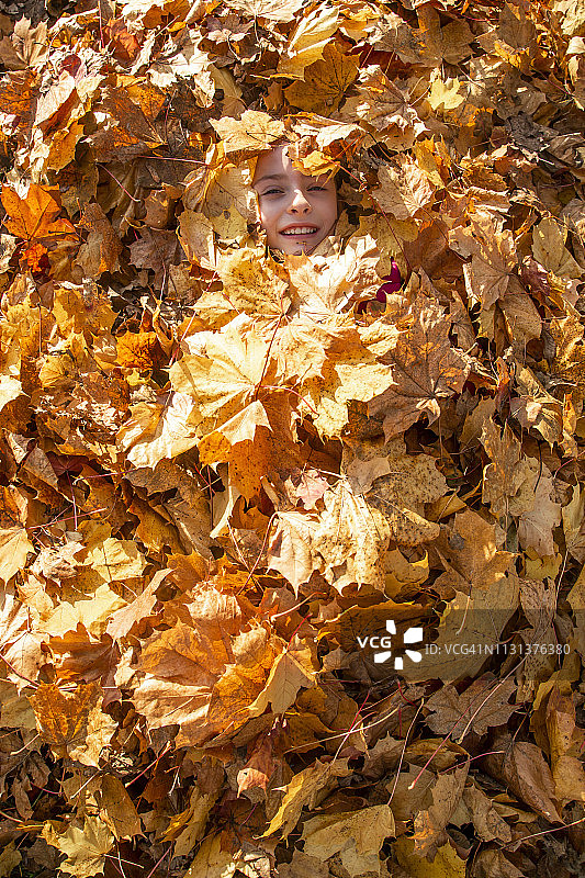 微笑的女孩覆盖着秋叶图片素材