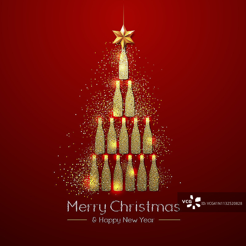 有金色香槟酒瓶的圣诞海报。红色背景上的金色圣诞树图片素材