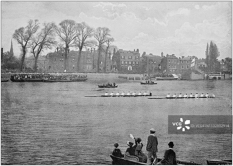 英格兰和威尔士的古老黑白照片:牛津和剑桥划船比赛图片素材