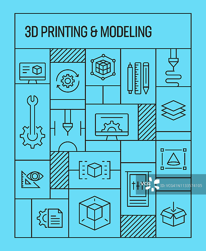 3D打印和建模的概念。几何复古风格的旗帜和海报概念与3D打印和建模线图标图片素材