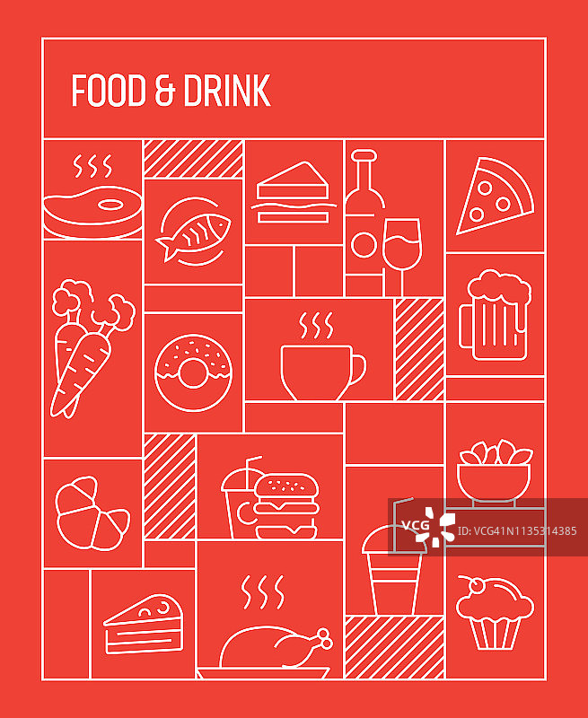 食物和饮料概念。几何复古风格的旗帜和海报概念与食品和饮料线图标图片素材