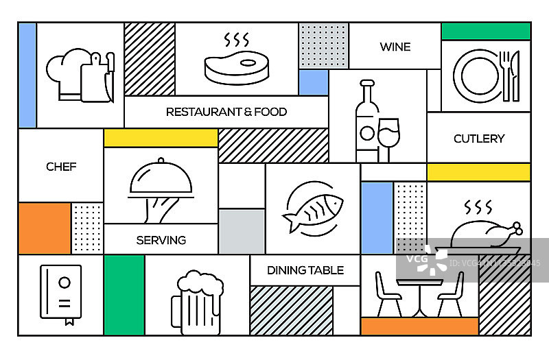 餐厅和食物概念。几何复古风格的旗帜和海报概念餐厅和食品线图标图片素材