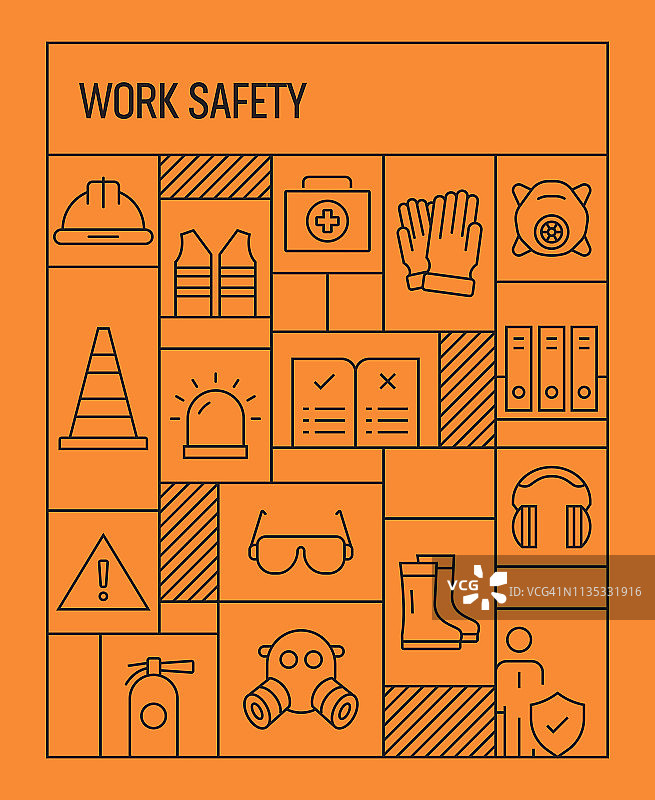 安全生产理念。几何复古风格的横幅和海报概念与工作安全线图标图片素材