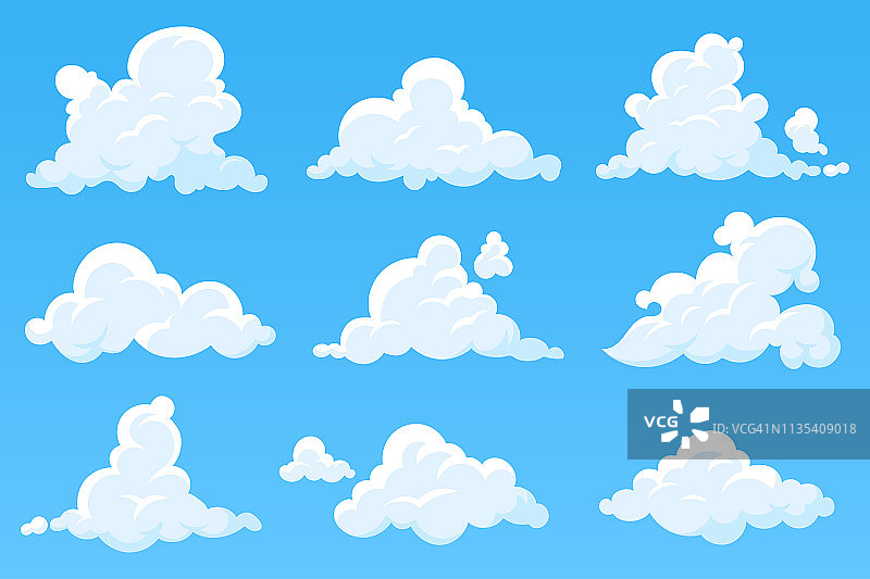矢量卡通云孤立在蓝天上。一组白色积云。多云的天空背景。为您的设计插图。每股收益10。图片素材