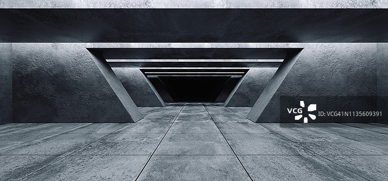 现代未来主义混凝土背景垃圾空黑暗空间车库大厅隧道走廊宇宙飞船粗糙纹理发光白光画廊3D渲染图片素材