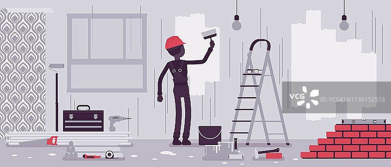修理公寓，工人粉刷墙壁图片素材