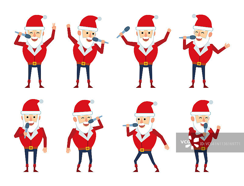 圣诞老人角色在不同的情况下与麦克风摆姿势。圣诞老人欢快的卡拉ok歌声图片素材