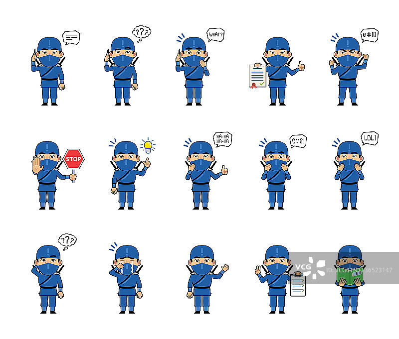 一套忍者角色显示各种行动，情绪。有趣的忍者在蓝色的装备打电话，读一本书，思考，惊讶，生气和做其他动作图片素材