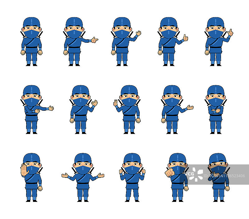 一组忍者角色在蓝色的服装显示各种手势。有趣的忍者指向，问候，显示拇指向上，胜利，停止标志和其他手势图片素材