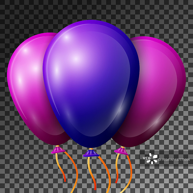 现实的紫色和紫色气球与丝带隔离在透明的背景。矢量插图闪亮的彩色气球为生日聚会图片素材