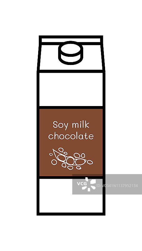 矢量线图标素食巧克力豆奶孤立在白色的背景。植物基的非乳制品替代品。带螺旋盖的纸箱，标签上有手绘的大豆涂鸦插图。图片素材