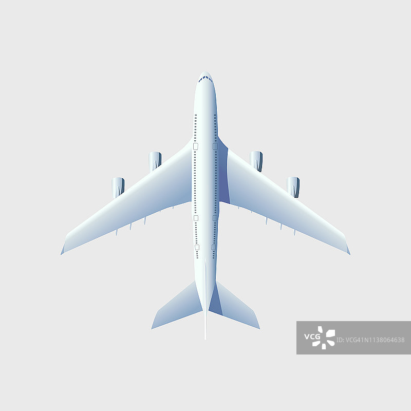 会飞的飞机，喷气式飞机，客机。在白色背景上的飞机俯视图。图片素材