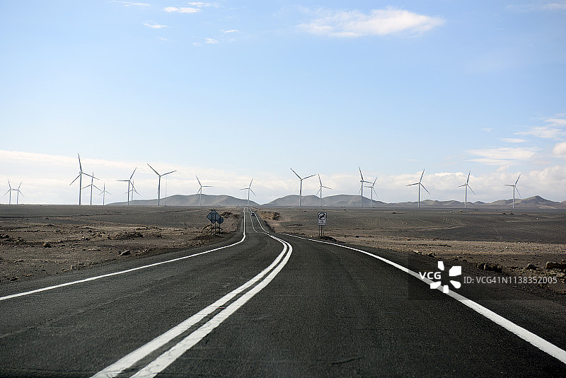 在智利卡拉马公路上的一组风力涡轮机图片素材