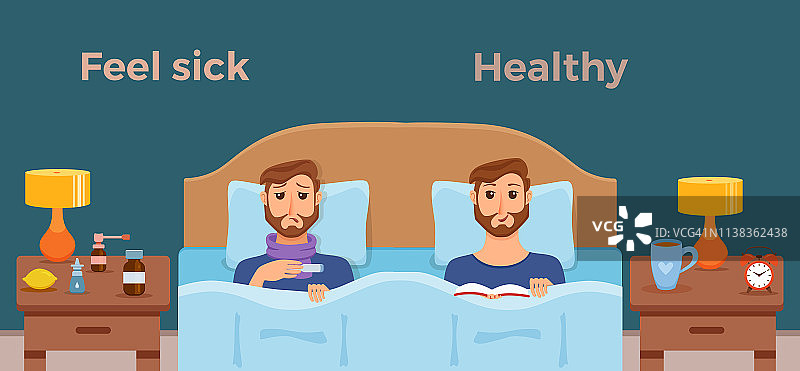 生病的男人在床上感冒的症状，流感和感觉良好的健康男性与书。卡通矢量人物枕头与毛毯和围巾。一个不健康的人，高烧，头痛。图片素材