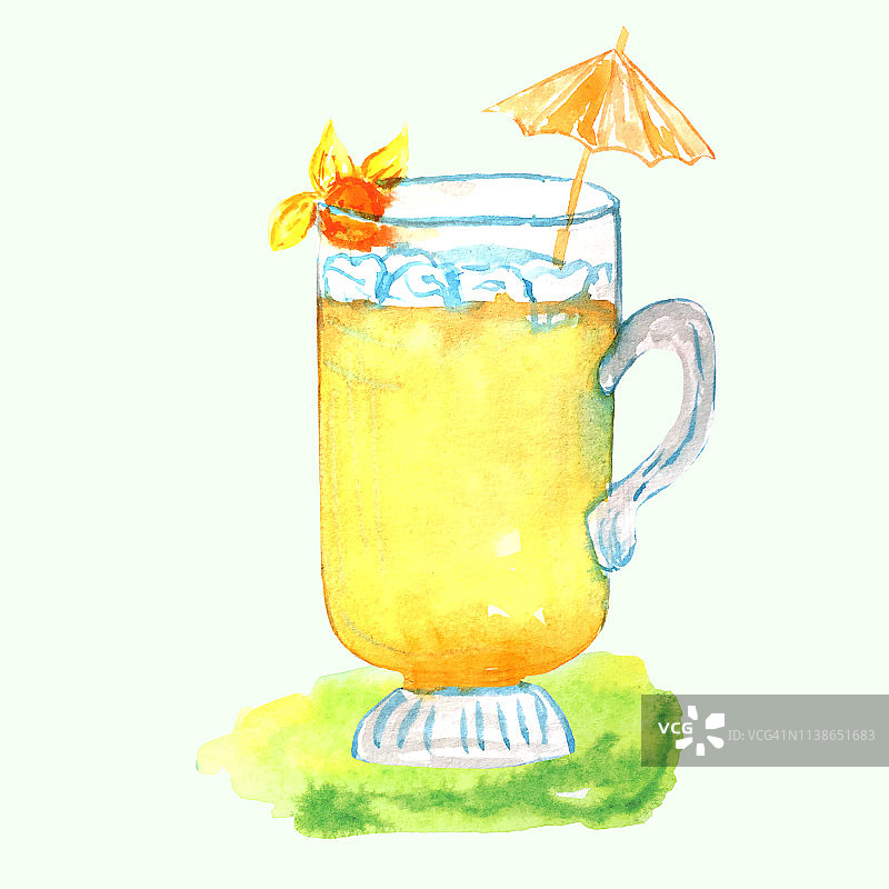 一杯柠檬水，加冰，酸浆和一把伞。用于菜单设计、装饰的水彩插图。图片素材