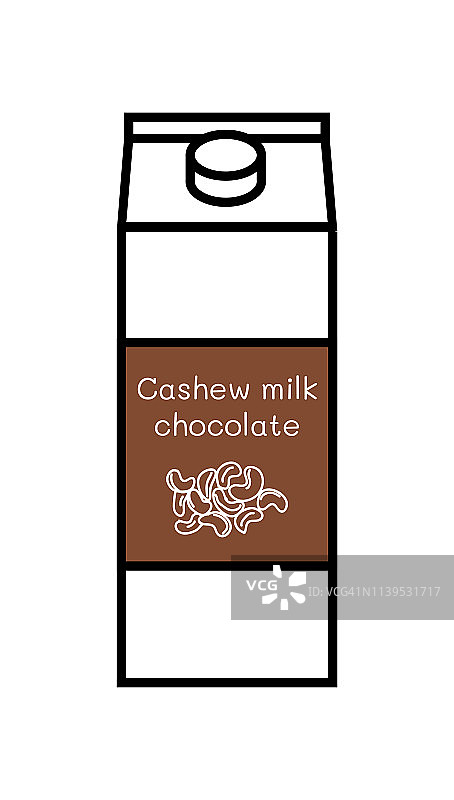 矢量线图标的调味素食巧克力腰果牛奶孤立在白色背景。植物基非乳制品替代品。纸箱与螺旋盖和标签与手绘涂鸦腰果插图。图片素材