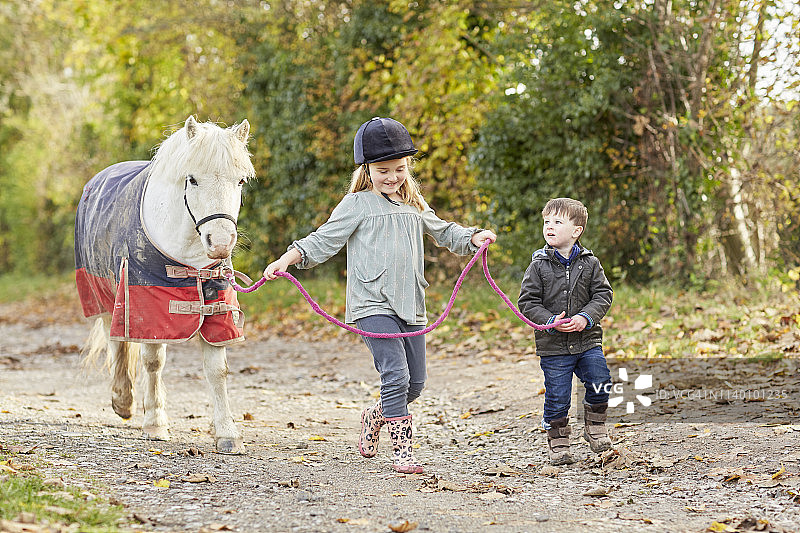 男孩和妹妹牵着小马走在乡间小路上图片素材