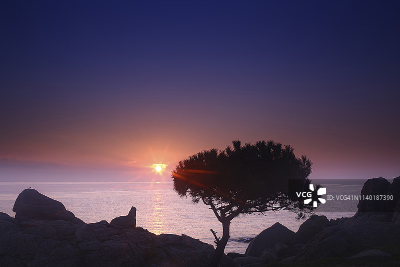 西班牙，卡拉斯阿尔居，科斯塔布拉瓦，日落的海岸图片素材