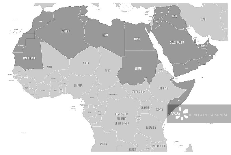 阿拉伯世界国家政治地图，突出了阿拉伯联盟的22个阿拉伯语国家。北非和中东地区。矢量图图片素材
