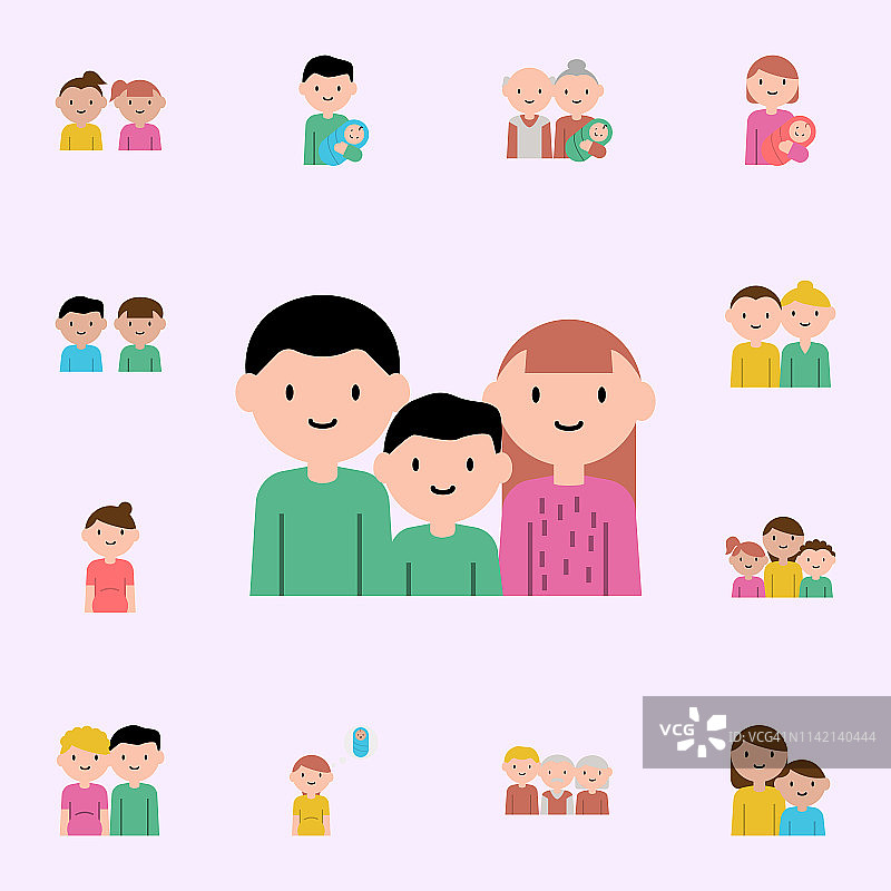 母亲，父亲，儿子卡通偶像。家庭图标通用设置为网络和移动图片素材