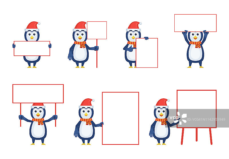 一组圣诞企鹅人物摆出不同的空白横幅。欢快的企鹅手拿纸、海报、标语牌，指着白板。教导、宣传、推广图片素材