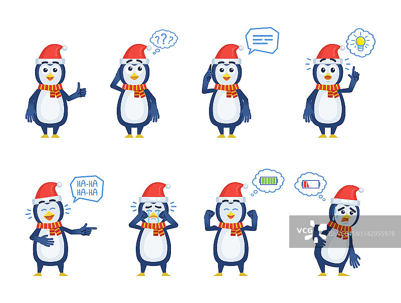 一组圣诞企鹅人物在不同的情况下摆姿势。欢快的企鹅讲电话，思考，向上指，笑，哭，累，精力充沛图片素材