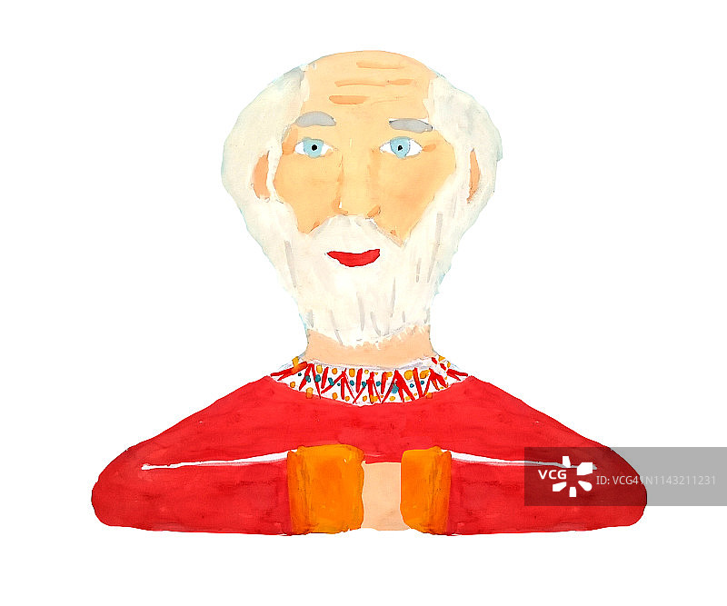一个健康的老爷爷的肖像老人穿着红色的衬衫与灰色的胡子和长长的灰色头发，带着微笑，欧洲，白色，孤立在白色的背景为阿凡达。图片素材