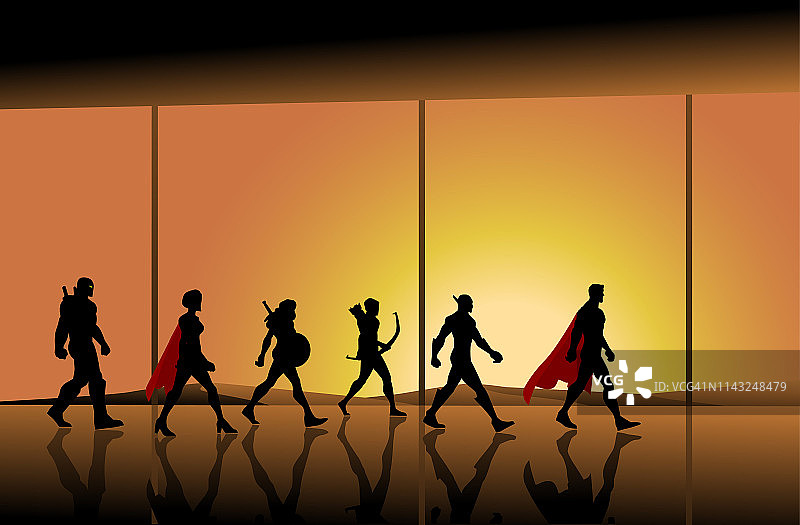 向量超级英雄团队行走在一个大厅与日落背景图片素材