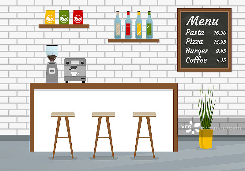 酒吧柜台在咖啡馆，酒吧，餐厅或自助餐厅与菜单板，咖啡机，和酒吧椅子。咖啡厅内饰砖墙。矢量插图。图片素材