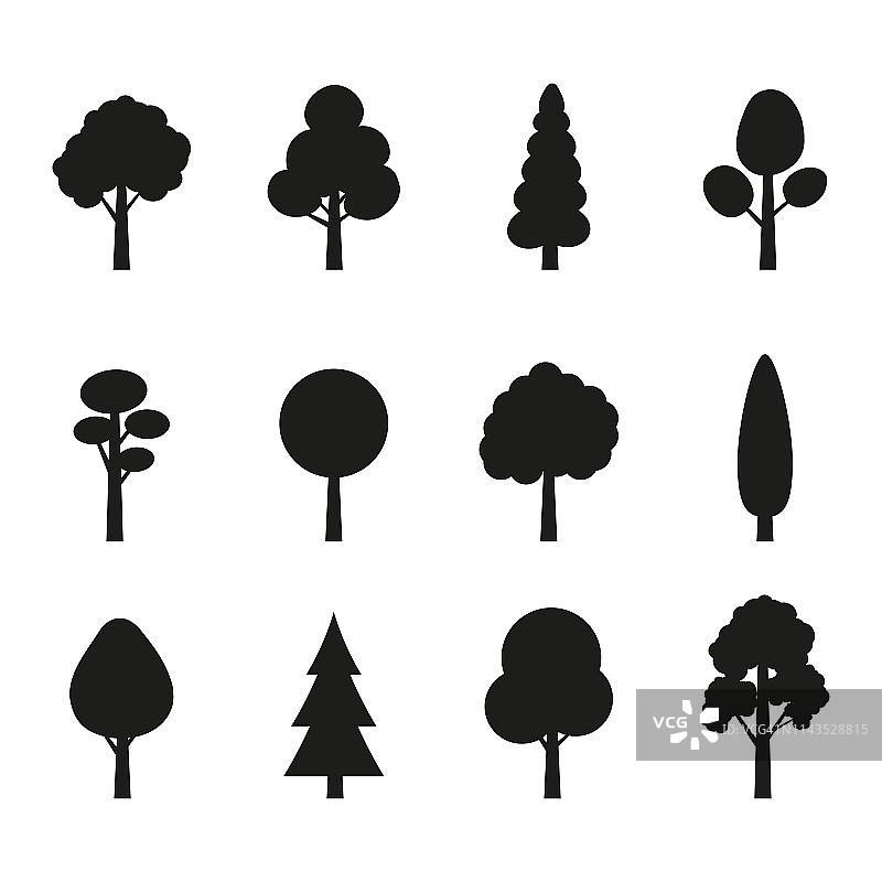 树的图标集。有叶子轮廓的植物。森林和园林的象征。矢量插图。图片素材