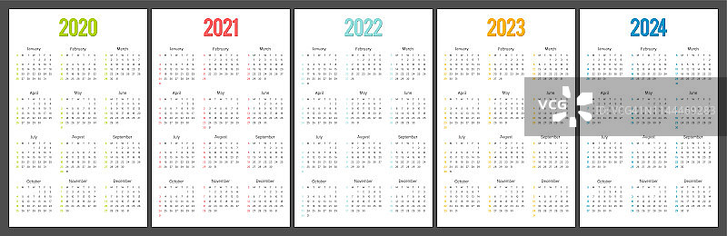 日历2020年、2021年、2022年、2023年、2024年每周日开始企业模板设计。5年日历。图片素材