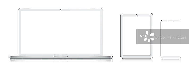 笔记本电脑，平板电脑，智能手机，手机在银色反射，现实的矢量插图图片素材