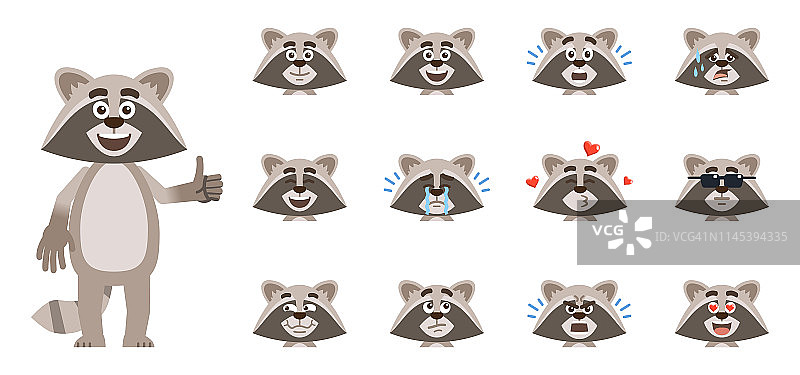 浣熊表情包。展示不同面部表情的浣熊化身。高兴、悲伤、笑、哭、惊讶、爱、累、生气等情绪图片素材