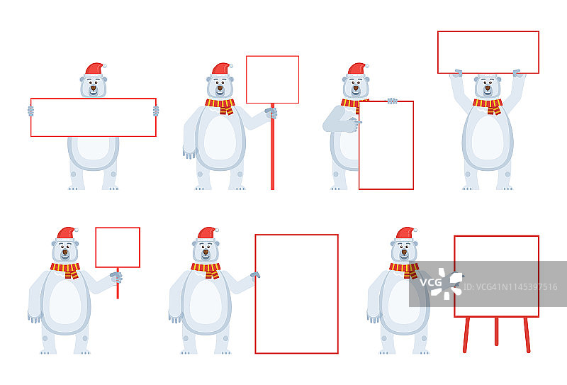 一组圣诞北极熊人物摆出不同的空白横幅。欢快的小熊拿着纸、海报、布告。教导，推广，做广告图片素材