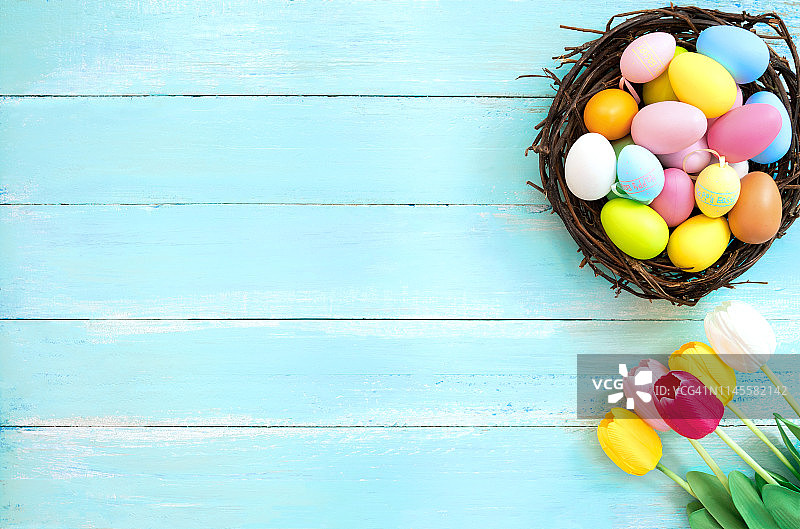 五颜六色的复活节彩蛋和郁金香花的巢图片素材