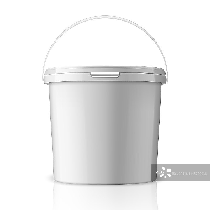 矢量现实3d白色塑料桶食品，油漆，食品，粘合剂，密封剂，底漆，腻子隔离在白色背景。模型包的设计模板。前视图图片素材