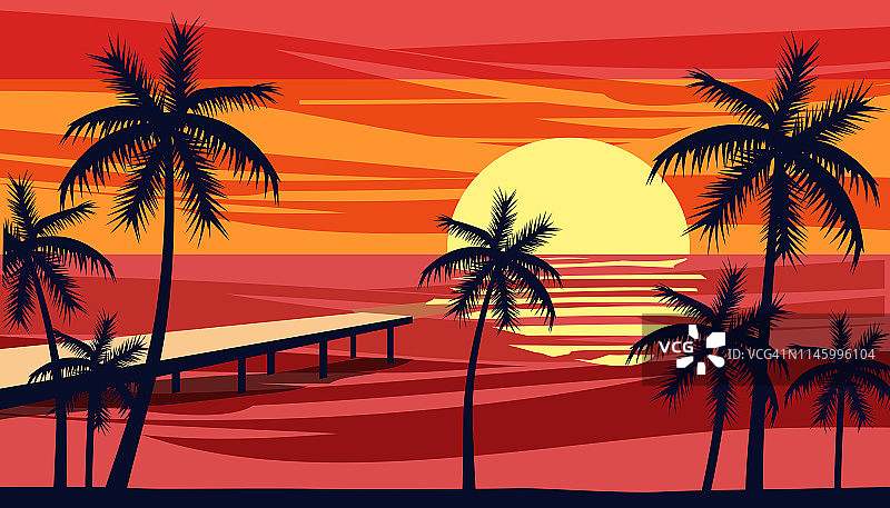 夏天的假期。热带异国情调的海滩，日落，大海，大海。棕榈树的剪影，码头，阳光。矢量，插图，孤立，海报，横幅，邀请图片素材