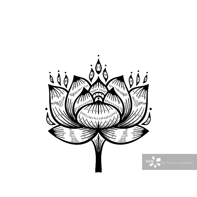 民族东方文身曼海蒂莲花符号线黑白矢量插图。观赏植物的模式图片素材