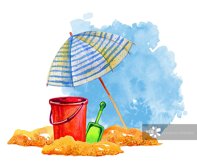 海滩场景。阳伞、桶和铲子放在有蓝色斑点的沙滩上图片素材