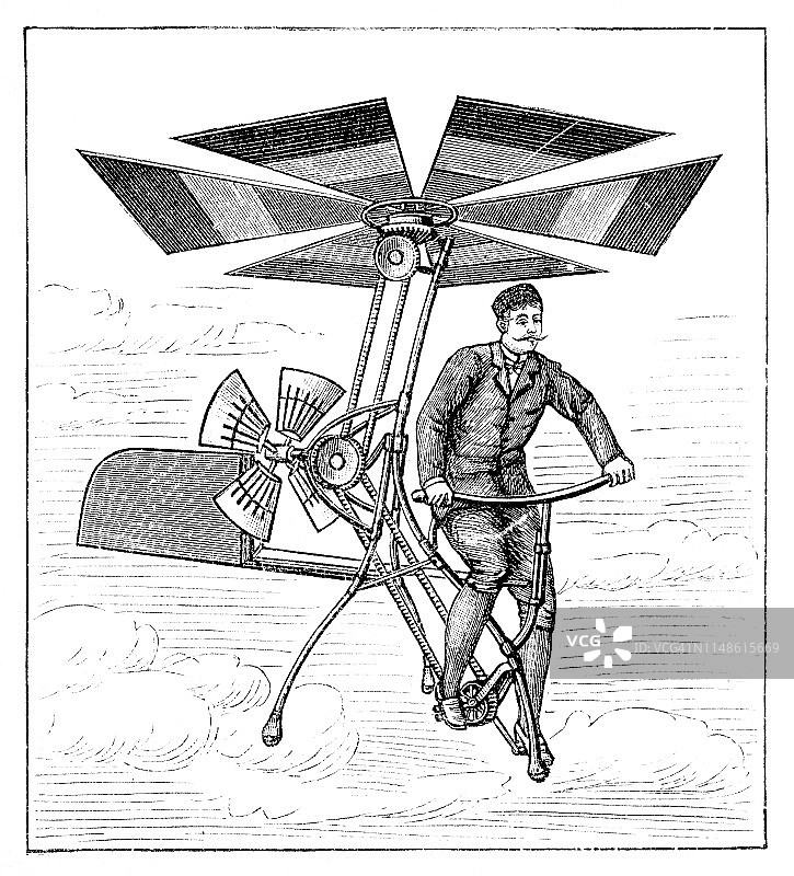 1894年，一名男子驾驶空中自行车从德尔普拉德起飞图片素材