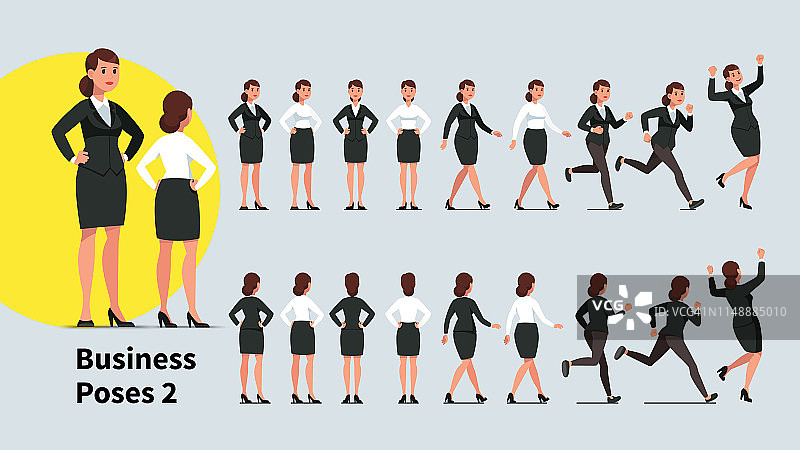 商业女人的姿势和动作设置。办公室业务人员的前后视图收集。女商人站着，走着，跑着，跳着庆祝成功，坐着。平面矢量字符插图图片素材