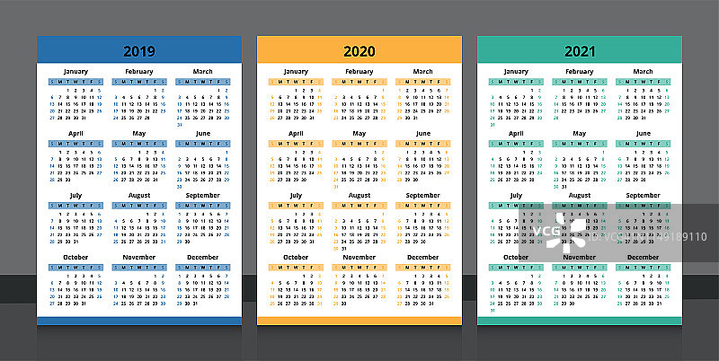 日历2019年、2020年、2021年。彩色日历模板设计周从周日开始。图片素材